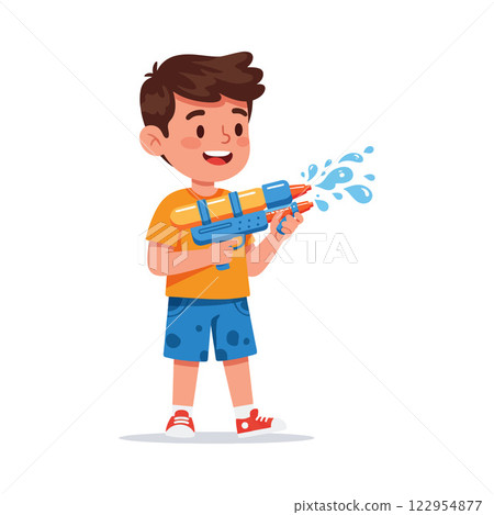 Happy child holding a colorful water gun in a playful pose flat vector illustration Happy child holding a colorful water gun in a playful pose flat vector illustration 122954877