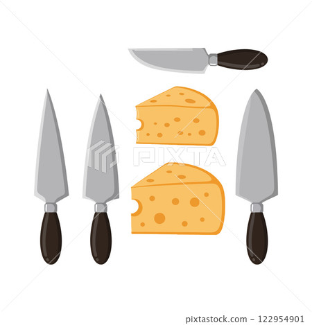 Cheese slices with various knives showcased in a flat design vector illustration Cheese slices with various knives showcased in a flat design vector illustration 122954901