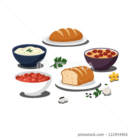 Freshly baked bread and delicious dishes arranged in a flat vector art style vector illustration 122954902