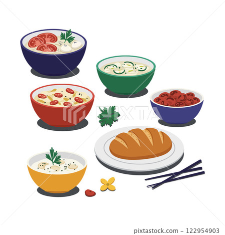 Colorful bowls of soup and bread in flat design style vector illustration Colorful bowls of soup and bread in flat design style vector illustration 122954903