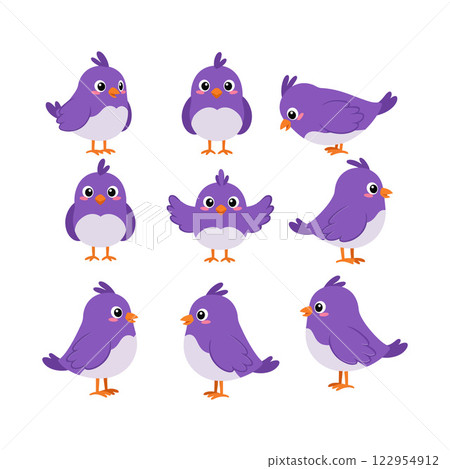 Colorful cartoon birds in various poses featuring flat design style in vibrant purple and white vector art 122954912
