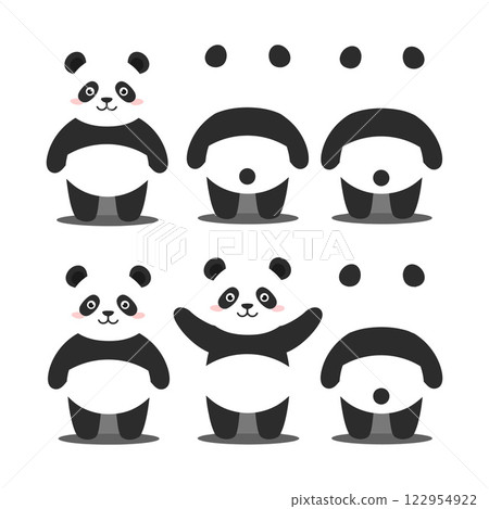 Playful panda character transformation in flat design style showcasing joyful expressions in vector art 122954922