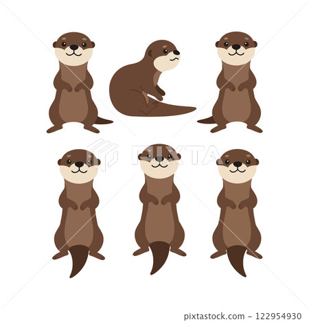 Cute playful otters in various poses showcased in a flat design vector illustration 122954930