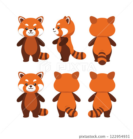 Cute red panda character design in flat style showcasing multiple angles in vibrant vector art 122954931