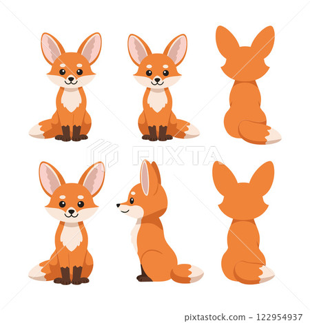 Cute cartoon fox character design in flat style showcasing various poses and angles in vector illustration Cute cartoon fox character design in flat style showcasing various poses and angles in vector illustration 122954937