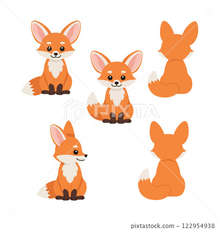 Cute fox character design in flat style showcasing various poses and expressions in vector art Cute fox character design in flat style showcasing various poses and expressions in vector art 122954938