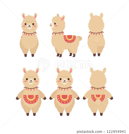 Cute cartoon llama characters in different poses featuring flat, colorful design style vector illustration Cute cartoon llama characters in different poses featuring flat, colorful design style vector illustration 122954941