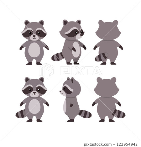 Cute raccoon character design in flat style showcasing different poses and expressions in vector art 122954942