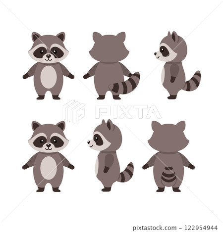 Cute raccoon character in multiple poses showcasing flat design style in vibrant colors vector art 122954944
