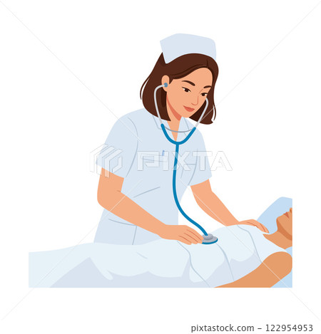Nurse checking patients heartbeat with stethoscope in flat vector art style illustration Nurse checking patients heartbeat with stethoscope in flat vector art style illustration 122954953