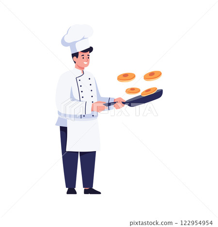Chef flipping pancakes in a dynamic motion using a frying pan flat vector illustration 122954954