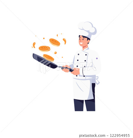 Chef skillfully flipping pancakes in a bright, colorful, minimal design style vector illustration Chef skillfully flipping pancakes in a bright, colorful, minimal design style vector illustration 122954955