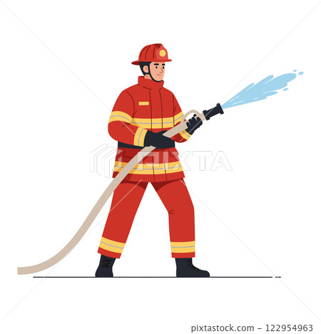 Firefighter in action using hose to spray water in bright colors detailed vector illustration Firefighter in action using hose to spray water in bright colors detailed vector illustration 122954963