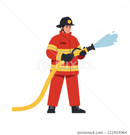 Firefighter in bright uniform spraying water with hose in flat design vector art 122954964