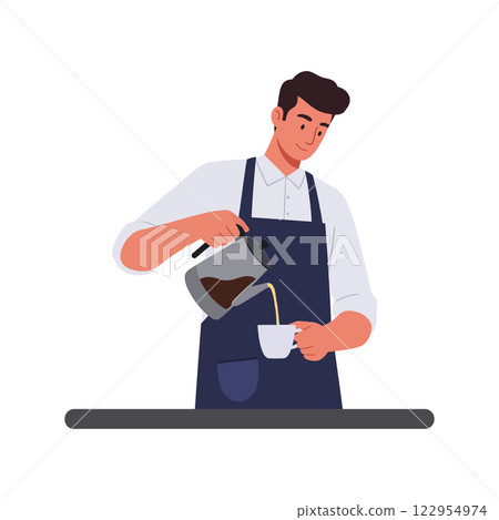 Barista pouring coffee into cup in flat, minimal style vector art Barista pouring coffee into cup in flat, minimal style vector art 122954974