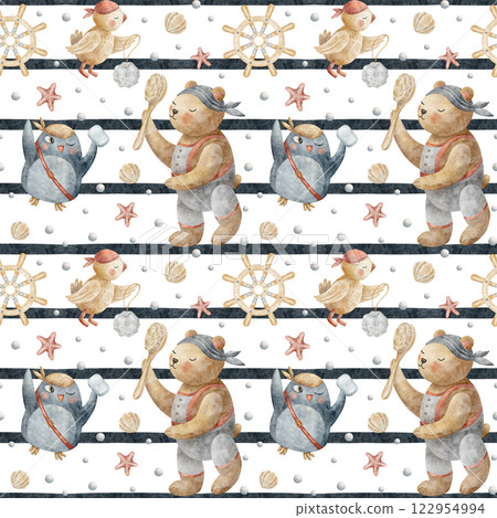 Watercolor pattern soap pirates, bear, penguin, parrot, puppy, bubbles. Children's illustration hand drawn in cartoon style. Isolated on white background fabric, textile, clothes, wallpaper, paper Watercolor pattern soap pirates, bear, penguin, parrot, puppy, bubbles. Children's illustration hand drawn in cartoon style. Isolated on white background fabric, textile, clothes, wallpaper, paper 122954994