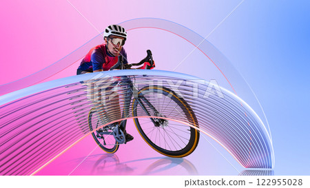 Sport collage. Cyclist wearing helmet and sportswear riding with futuristic light trails flowing in motion against gradient background. 122955028