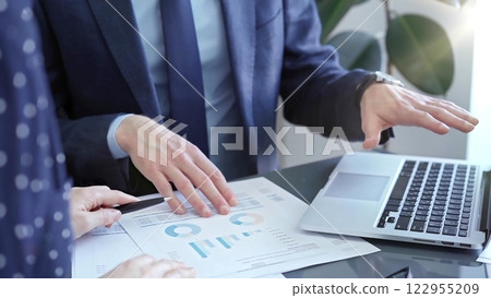 Two professionals analyzing a pie chart during a strategic business meeting. Business meeting with graph analysis 122955209