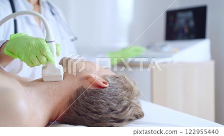 Doctor woman with green medical gloves performing neck ultrasound exam on male patient. Thyroid gland examination. Medicine concept 122955440
