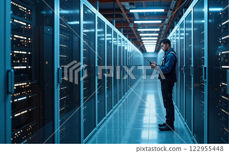 A skilled technician effectively manages servers and advanced technology in a hightech data center AI-generated item 122955448