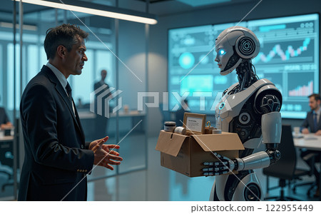 A deep and thoughtful conversation occurs between a human and a humanoid robot in a highly futuristic office space AI-generated item 122955449