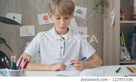 Young boy studying at the desk at home or school class room 122955586