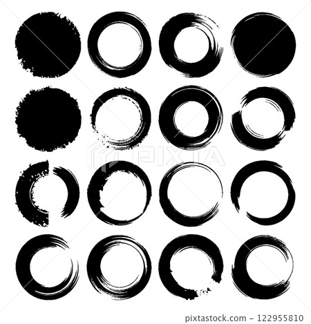 Set of hand-painted ink circles with rough edges. Ideal for digital design, logos, and artistic compositions. 122955810