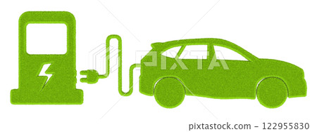 Electric car charging concept. Car silhouette from green grass with electrical plug and electric vehicle plug charging station point, 3D rendering Electric car charging concept. Car silhouette from green grass with electrical plug and electric vehicle plug charging station point, 3D rendering 122955830