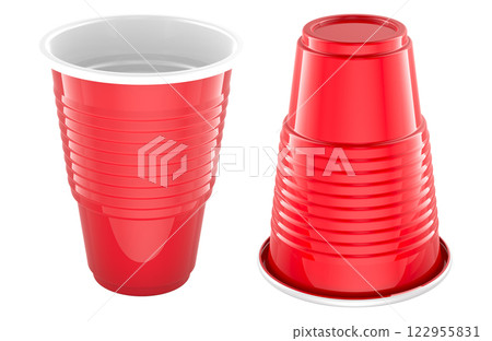Empty plastic drinking cup and inverted plastic cup, red color. 3D rendering Empty plastic drinking cup and inverted plastic cup, red color. 3D rendering 122955831