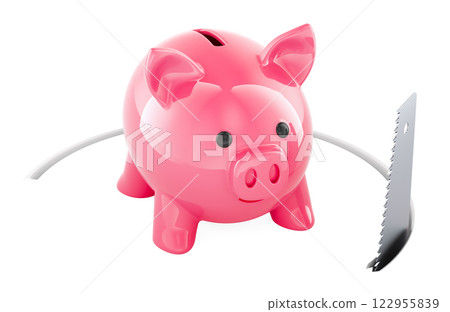 Piggy bank with cutting saw. Financial risk concept, 3D rendering 122955839