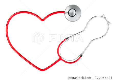 Red stethoscope with heart shape from cord of phonendoscope, 3D rendering Red stethoscope with heart shape from cord of phonendoscope, 3D rendering 122955841