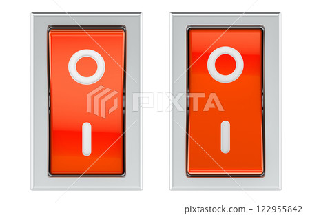 Red Switch Rocker. ON and OFF, front view. 3D rendering Red Switch Rocker. ON and OFF, front view. 3D rendering 122955842