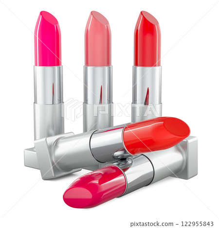 Set of colored lipsticks. Lipstick tubes with different shades. 3D rendering Set of colored lipsticks. Lipstick tubes with different shades. 3D rendering 122955843