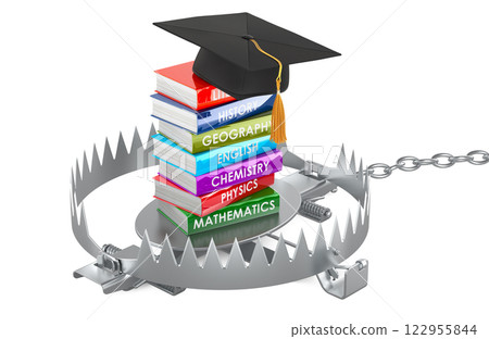 Stack of textbooks with graduation hat inside bear trap. 3D rendering Stack of textbooks with graduation hat inside bear trap. 3D rendering 122955844