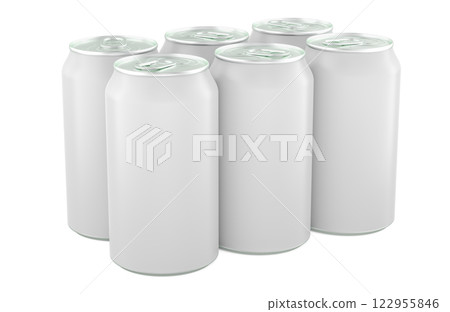 Blank metal drink cans, pack from 6 cans. 3D rendering Blank metal drink cans, pack from 6 cans. 3D rendering 122955846