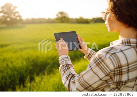 A young woman agronomist checks the growth of the crop. Concept of gardening, ecology. 122955902