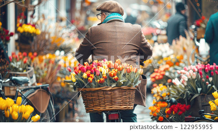 A Senior man rides a bicycle with a wicker basket containing a of bright flowers 122955955