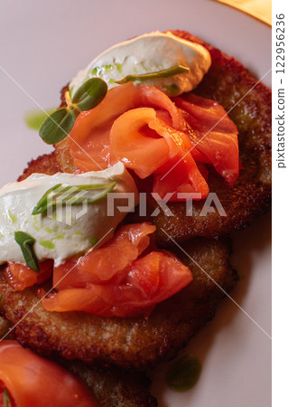 golden, crispy draniki, freshly cooked in the 122956236