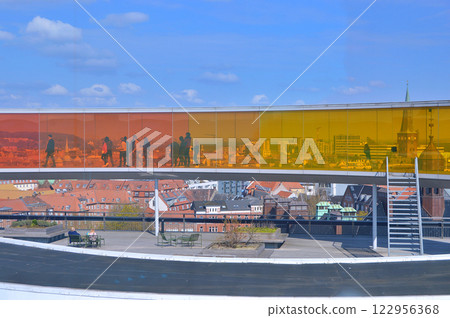 People walking on the rainbow panorama of ARoS art museum at Aarhus on Denmark 122956368