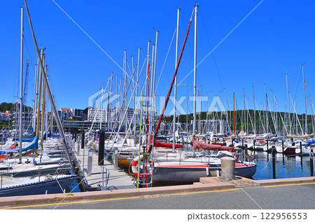 Aarhus yacht harbor with yacht in the water, Denmark 122956553