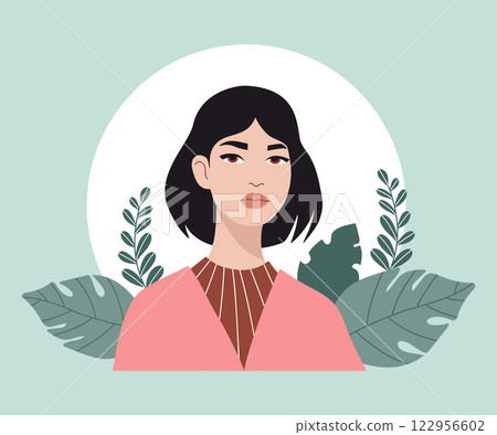Beautiful Woman Brunette with stylish hairstyle. Female Modern Portrait with leaves. Vector illustration Beautiful Woman Brunette with stylish hairstyle. Female Modern Portrait with leaves. Vector illustration 122956602
