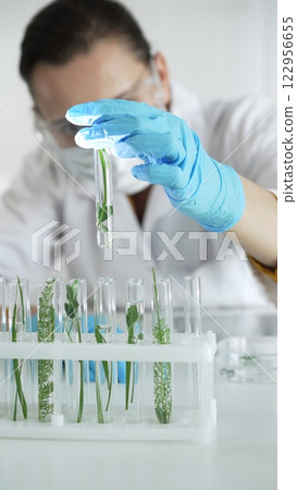 Woman scientist with blue gloves, face mask and protective glasses, is holding a test tube with plants inside in laboratory, vertical portrait view. Science and medicine concept Woman scientist with blue gloves, face mask and protective glasses, is holding a test tube with plants inside in laboratory, vertical portrait view. Science and medicine concept 122956655