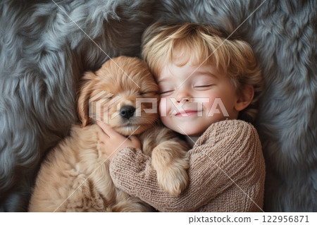 Smiling boy hugging fluffy puppy 122956871