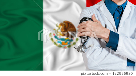 Doctor with stethoscope on Mexico flag. Doctor holding stethoscope on Mexico flag Doctor with stethoscope on Mexico flag. Doctor holding stethoscope on Mexico flag 122956980