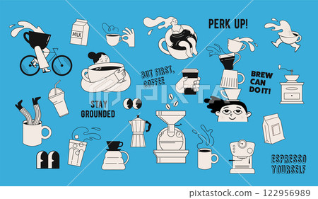Collection of coffee illustrations and icons. Cafe and coffeeshop design. Concept characters with 122956989