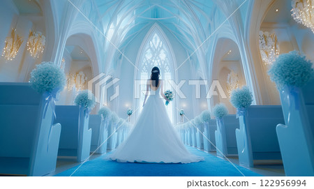 Bride walking down the wedding road at the church 122956994