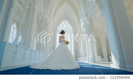 Bride walking down the wedding road at the church 122956999