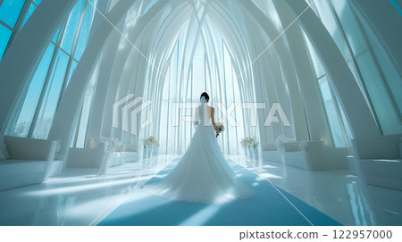 Bride walking down the wedding road at the church 122957000