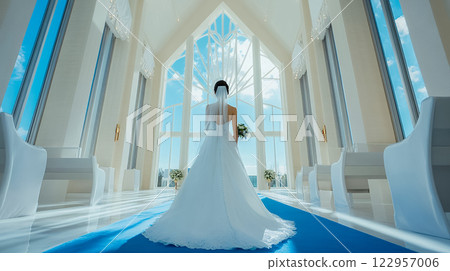 Bride walking down the wedding road at the church 122957006