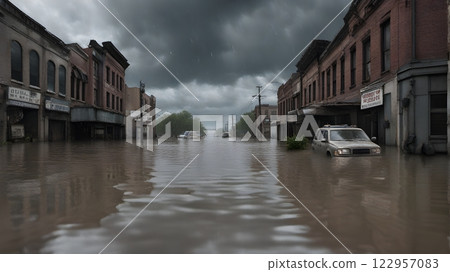 Abandoned Town Flooded by Heavy Rainfall 122957083